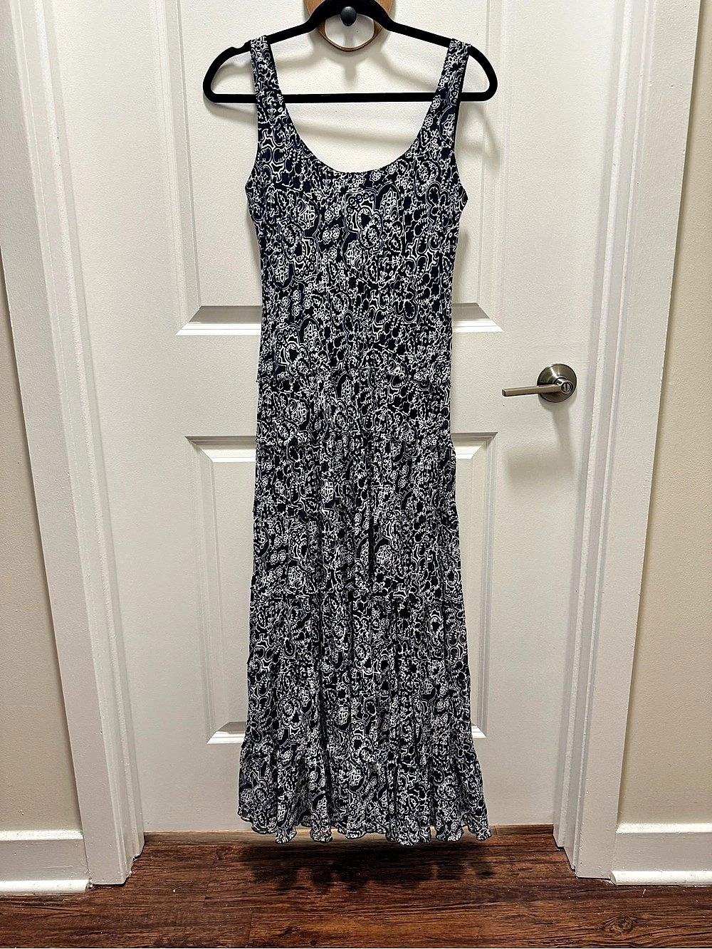 Jones New York Paisley Print Chiffon Maxi Dress Blue & White Medium